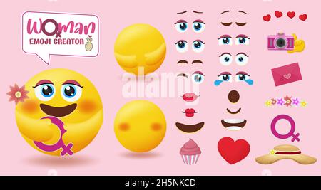 Set vettore creatore donna sorridente. Kit personaggio editabile femminile con parti facciali di occhi, bocca ed elementi girly per il viso femminile emoji. Illustrazione Vettoriale