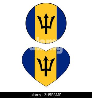 Bandiera a bottone Barbados. Vettore bandiera a cuore delle Barbados su sfondo bianco. Stile piatto. Foto Stock