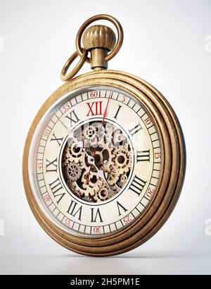 Antico orologio tascabile isolato su sfondo bianco. Illustrazione 3D. Foto Stock