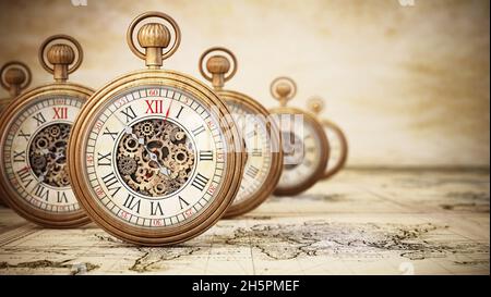 Orologi tascabili antichi su sfondo vintage. Illustrazione 3D. Foto Stock