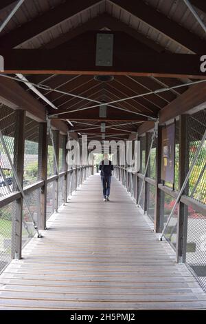 Uomo che cammina attraverso un ponte coperto vicino a Snoqualmie Falls, Washington Foto Stock