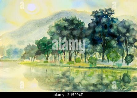 Acquerello paesaggio dipinto originale colorato di sole al mattino e montagna, fiume in bellezza natura stagione invernale. Impressionista dipinto, astratto i Foto Stock