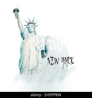 Arte moderna, pittura acquerello illustrazione. Serie di monumenti famosi in tutto il mondo: Statua della libertà, New York, USA. Foto Stock