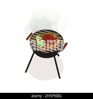 Barbecue piatto grigliare carne, verdure e glilling forniture, isolato arrosto vettore barbecue illustrazione. Illustrazione Vettoriale