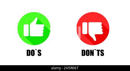 Pollice su e giù icona collezione, rosso e verde piatto dos e dons come e a differenza di sì e nessun vettore simbolo illustrazione isolata. Illustrazione Vettoriale