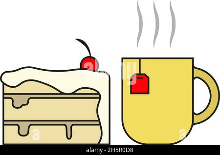 torta e tazza di tè in stile piatto Illustrazione Vettoriale