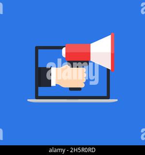 Megaphone laptop vettore annuncio illustrazione vettoriale, altoparlante in mano tecnologia sfondo Illustrazione Vettoriale
