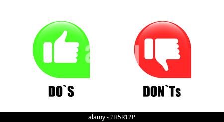 Pollice su e giù icona collezione, rosso e verde piatto dos e dons come e a differenza di sì e nessun vettore simbolo illustrazione isolata. Illustrazione Vettoriale