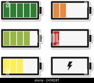 batteria impostata con diversi livelli di carica con ombra, vettore Illustrazione Vettoriale