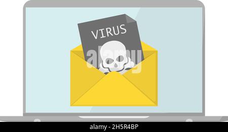 laptop e busta con documento nero virus, vettore Illustrazione Vettoriale