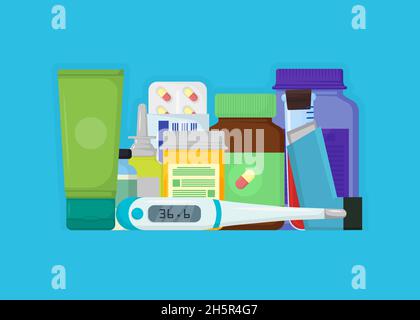set di farmaci con etichette su sfondo blu, vettore Illustrazione Vettoriale