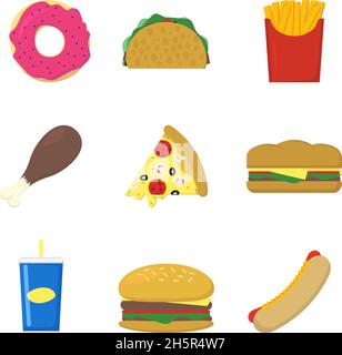 set di nove fast food in piatto, vettoriale Illustrazione Vettoriale