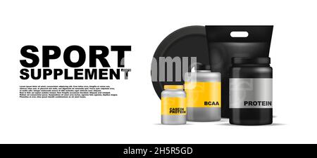 Proteina vaso di plastica e pacchetto set sfondo sport nutrizione, bodybuilding polvere bottiglia vettore isolato illustrazione Illustrazione Vettoriale