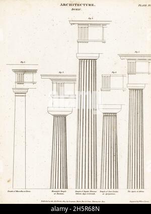 Esempi di colonne o pilastri dorici. Teatro di Marcellus a Roma, Tempio esastilio di Paestum, Tempio di Giove Nemoeus tra Argos e Corinto, Tempio di Giunone Lucina ad Agrigentum, Agora ad Atene. Incisione copperplate di J. Roffe dalla Ciclopedia di Abraham Rees o dal Dizionario universale delle arti, delle scienze e della letteratura, Longman, Hurst, Rees e Orme, Londra, 1809. Foto Stock