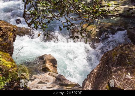 Fiordland. Un flusso tempestoso che scompare in un imbuto. Asm. Imbuto Ruscello tra le pietre. Nuova Zelanda. Foto Stock