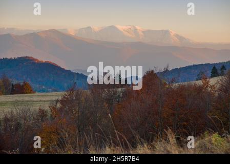 Vista delle colline di acqua che si dividono e Borzhava cresta coperto di rosso, arancio e giallo foresta decidua e alberi sotto il cielo blu in calda serata di autunno in Foto Stock