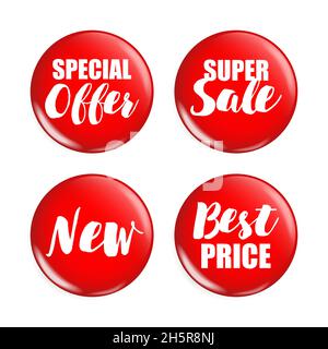 Offerta speciale set di badge di vendita, badge rossi realistici con disegno isolato vettore di prezzo scontato Illustrazione Vettoriale