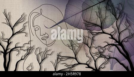 carta da parati 3d, linea del viso, alberi di disegno linea su tessuto tela texture Foto Stock
