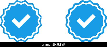 icone dei badge con segno di spunta blu in stile piatto, illustrazione vettoriale Illustrazione Vettoriale