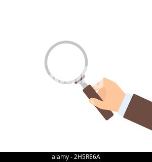 Lente di ingrandimento in mano su sfondo bianco, illustrazione piatta. Vettore isolato Illustrazione Vettoriale