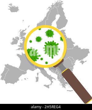 Virus Coronavirus su una mappa d'Europa in una lente d'ingrandimento in stile piatto. Illustrazione vettoriale Illustrazione Vettoriale
