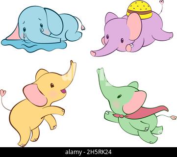 Set di adesivi emozionali con simpatico elefant in diversi colori. Stile Kawaii. Adesivo fumetto emoji con elefanti in diversi stati d'animo. Illustrazione vettoriale Illustrazione Vettoriale
