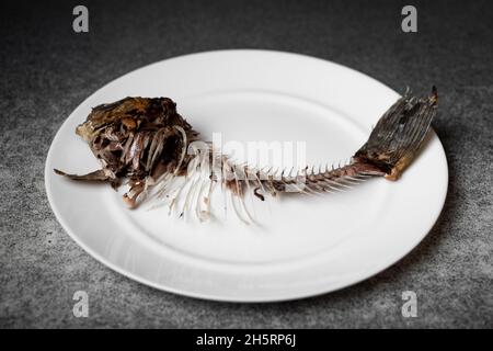 Scheletro di pesce fritto, colonna vertebrale e ossa su un piatto bianco. Foto Stock