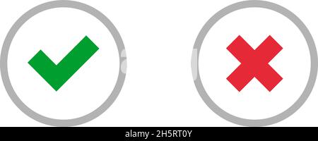 Pulsante cerchio con segno di spunta e croce in stile piatto. Icona illustrazione vettore Illustrazione Vettoriale