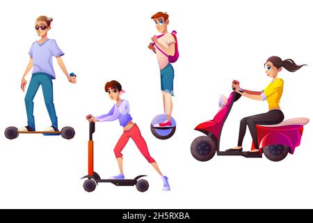 Le persone si cavalcano su diversi mezzi di trasporto elettrici. Vettore cartoon set di uomini e donne che guidano su skateboard elettrico, monociclo, scooter e moto isolato su sfondo bianco Illustrazione Vettoriale