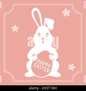 Coniglietto pasquale che tiene l'uovo di Pasqua su sfondo rosa. Illustrazione del vettore della carta di Pasqua Illustrazione Vettoriale