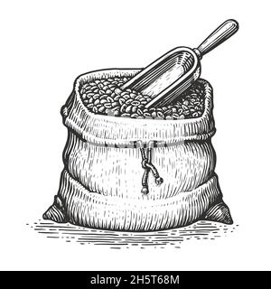 Sacco disegnato a mano con chicchi di caffè con paletta di legno. Vintage dello schizzo Illustrazione Vettoriale