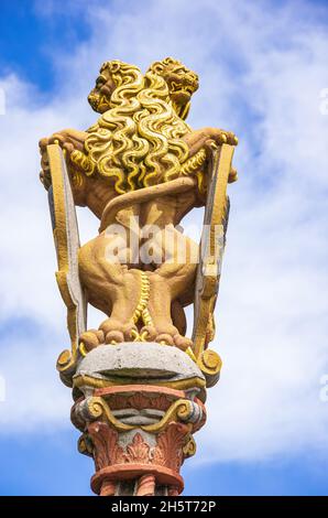 Ulm, Baden-Württemberg, Germania: Scultura in pietra di due animali araldici raffigurati come leoni. Foto Stock