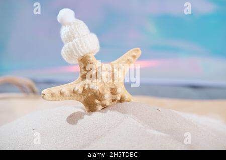 stelle marine su una spiaggia sabbiosa con cappello invernale. vacanze invernali nei paesi caldi. concetto di viaggio di natale. vacanza di campagna calda in stagione fredda. Foto Stock