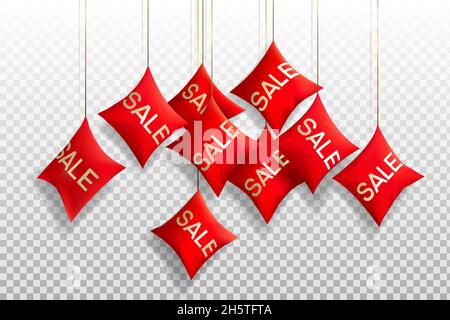 Tag pubblicitari. Cuscini appesi con le parole Vendita, sconti. Elementi decorativi per il Black Friday. Stile 3D realistico. Su sfondo trasparente. VEC Illustrazione Vettoriale
