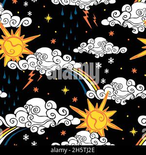 Pattern vettoriale senza cuciture con sole e arcobaleno su sfondo nero. Divertente disegno a mano estate tempo carta da parati design. Tessile decorativo artistico di moda. Illustrazione Vettoriale