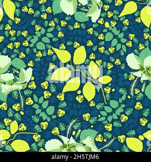 Ornamentale porcellana rosa ibiscus allover motivo floreale per interni, abbigliamento, tappezzeria da parete, tazza, tappeto o qualsiasi tappezzeria. Semplice bg verde scuro con design combo di colore blu e giallo. Illustrazione Vettoriale