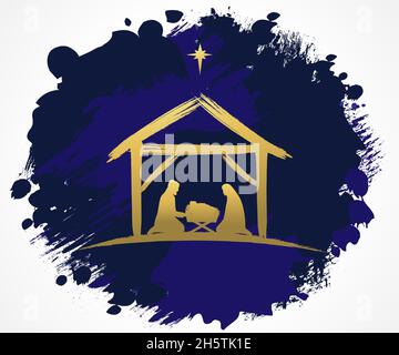 Scena natalizia di Gesù nella mangiatoia con silhouette dorata di Maria e Giuseppe e stella di Betlemme. Biglietto di auguri per la Natività cristiana, Cristo di nascita Illustrazione Vettoriale