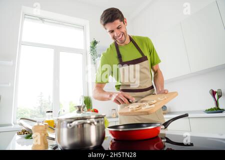 Ritratto di attraente ragazzo allegro cucina domestica cena frittura delizioso ingrediente in casa cucina al chiuso Foto Stock