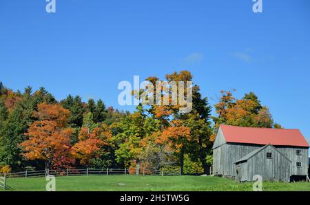 Marlboro, Vermont, USA. Rustic barn and shed in a rural setting in southern Vermont. The scene is enhanced by the bright sun and the arrival of autumn. Foto Stock