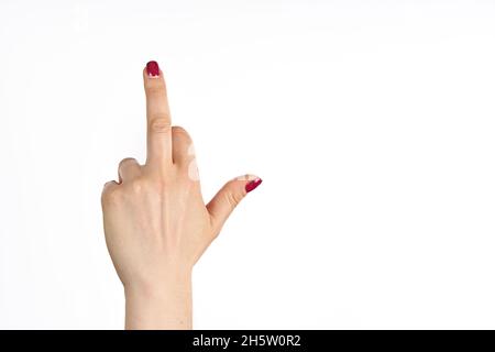 mano rivolta verso l'alto medio dito, concetto di scortese mano segno o mano gesto, studio isolato. Foto Stock