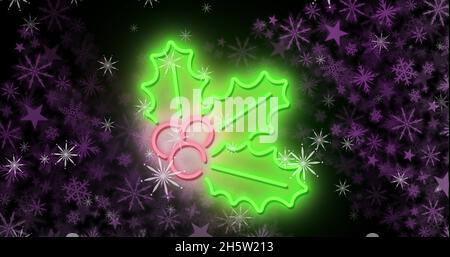 Immagine della neve che cade a natale sulle foglie Foto Stock