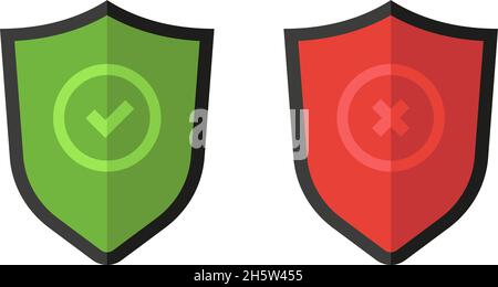shield segno di spunta e croce in stile piatto, vettore Illustrazione Vettoriale