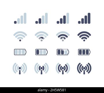 comunicazioni mobili, internet e icone della batteria impostate, scariche Illustrazione Vettoriale