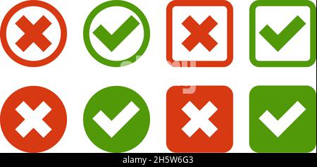 impostare i simboli segno di spunta e croci in piano, vettore Illustrazione Vettoriale