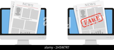 impostare il computer giornale falso su uno sfondo bianco in piano Illustrazione Vettoriale
