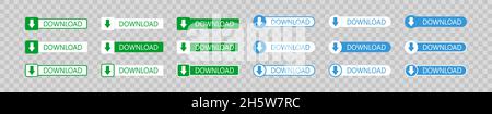 Scarica il bottone su sfondo trasparente in piano. Pulsanti vettoriali verdi e blu. Icona freccia per il web design Illustrazione Vettoriale