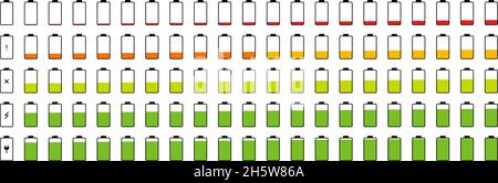 Batteria set accumulatore, più icona 100 in stile piatto. Livello della batteria del segno vettoriale sullo smartphone per il design dell'app Illustrazione Vettoriale