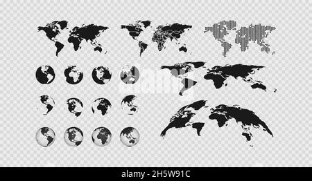 Mappa del mondo impostata su sfondo trasparente. Icona del vettore globo moderno Illustrazione Vettoriale