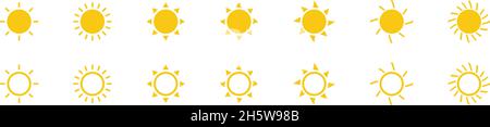 Icona del sole in stile piatto. Simbolo del vettore isolato dalla luce solare. Illustrazione Vettoriale