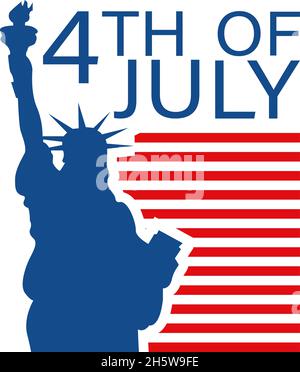 4 luglio, poster con la Statua della libertà. USA Independence Day, illustrazione vettoriale in stile piatto Illustrazione Vettoriale